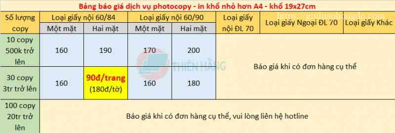 bảng giá in đen trắng khổ nhỏ hơn A4