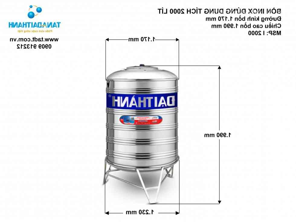 Kích thước bồn nước inox 2000L đứng